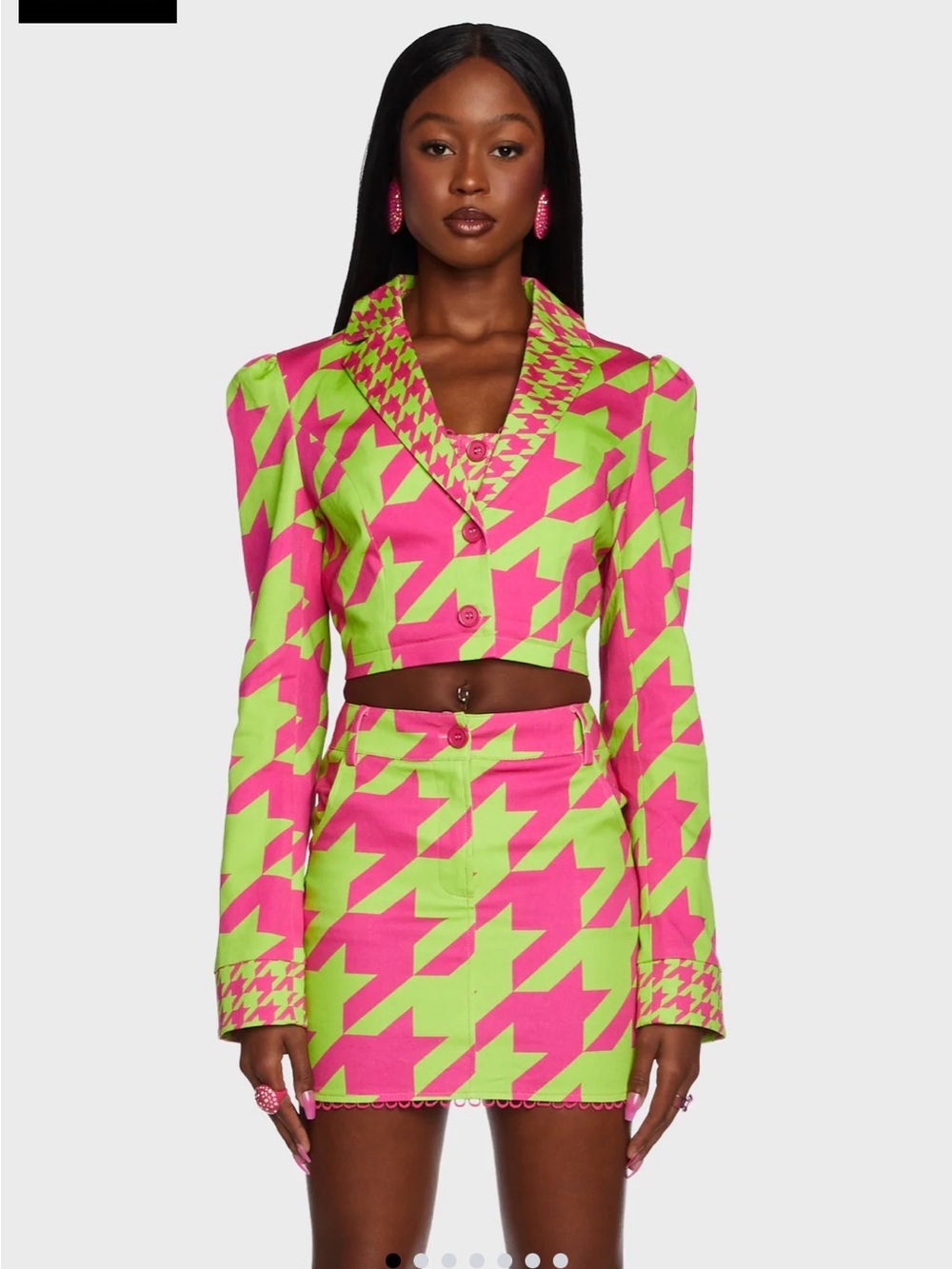 NWT SOLD OUT Dolls Kill Pink & Lime Houndstooth Crop Blazer, Top, and Skirt Set